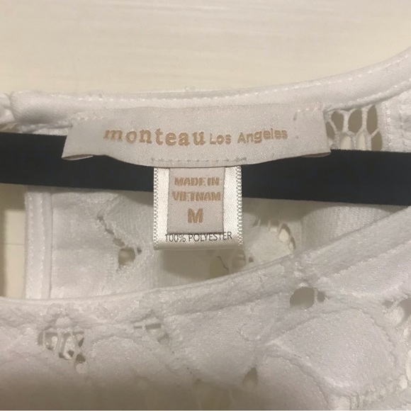 MONTEAU Los Angeles, M, Off-White Top w/ Short Sleeves, Lace Overlay, 1/2 Lined - Picture 2 of 5